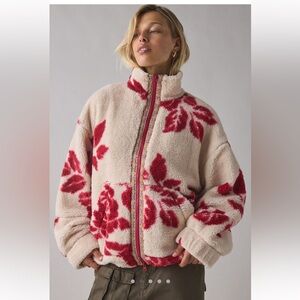 Urban Outfitters Floral Red and Cream Teddy Jacket
